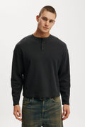 BLACK HENLEY WAFFLEKNIT