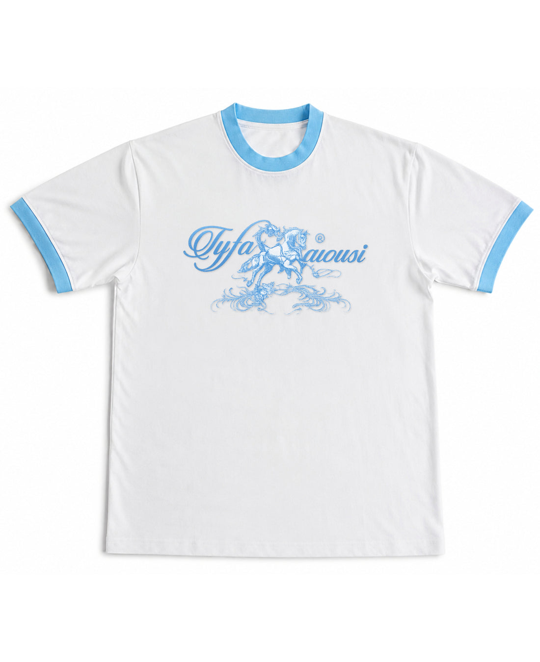 White & Sky Blue Ringer tee Front Design