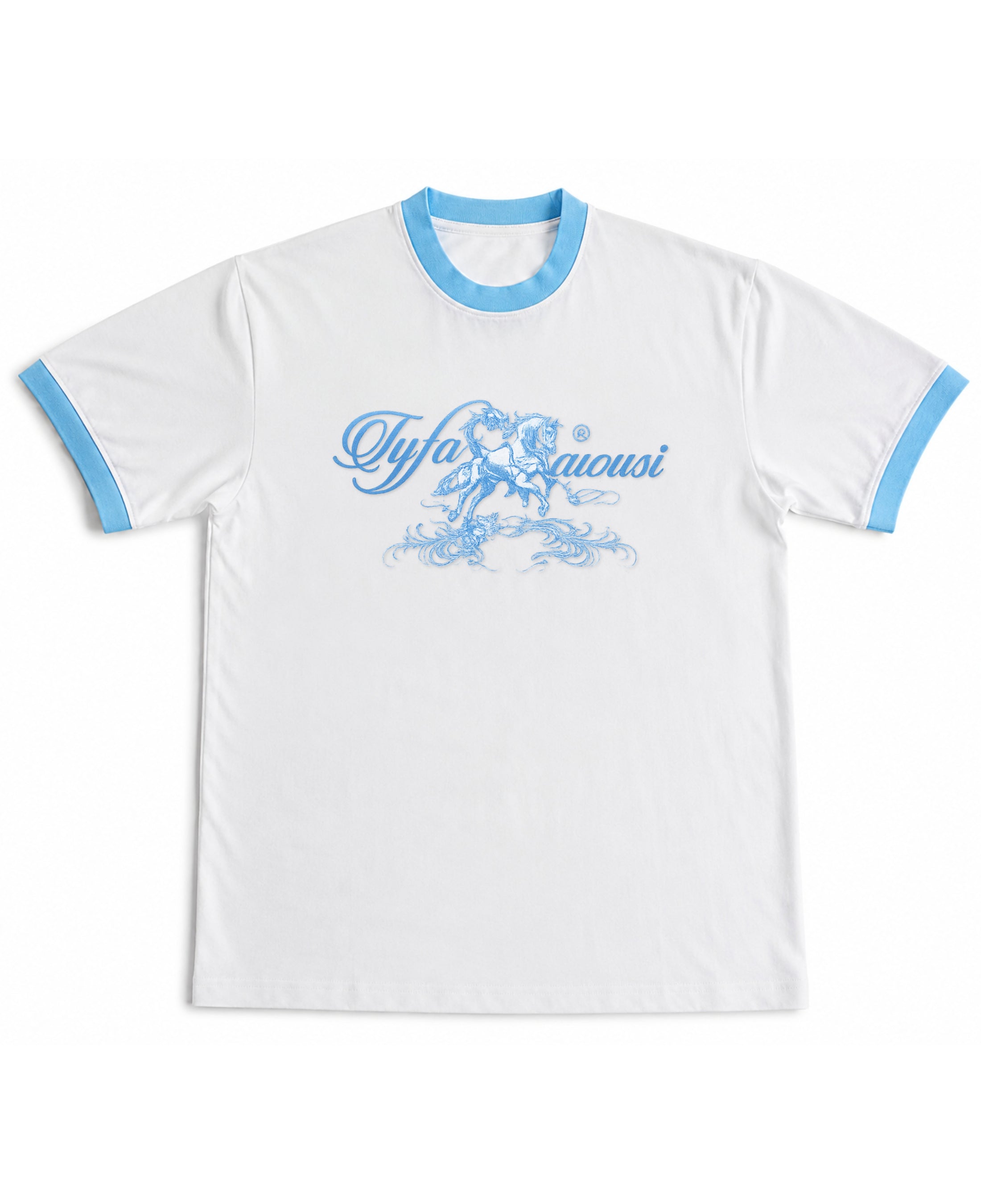 White & Sky Blue Ringer tee Front Design
